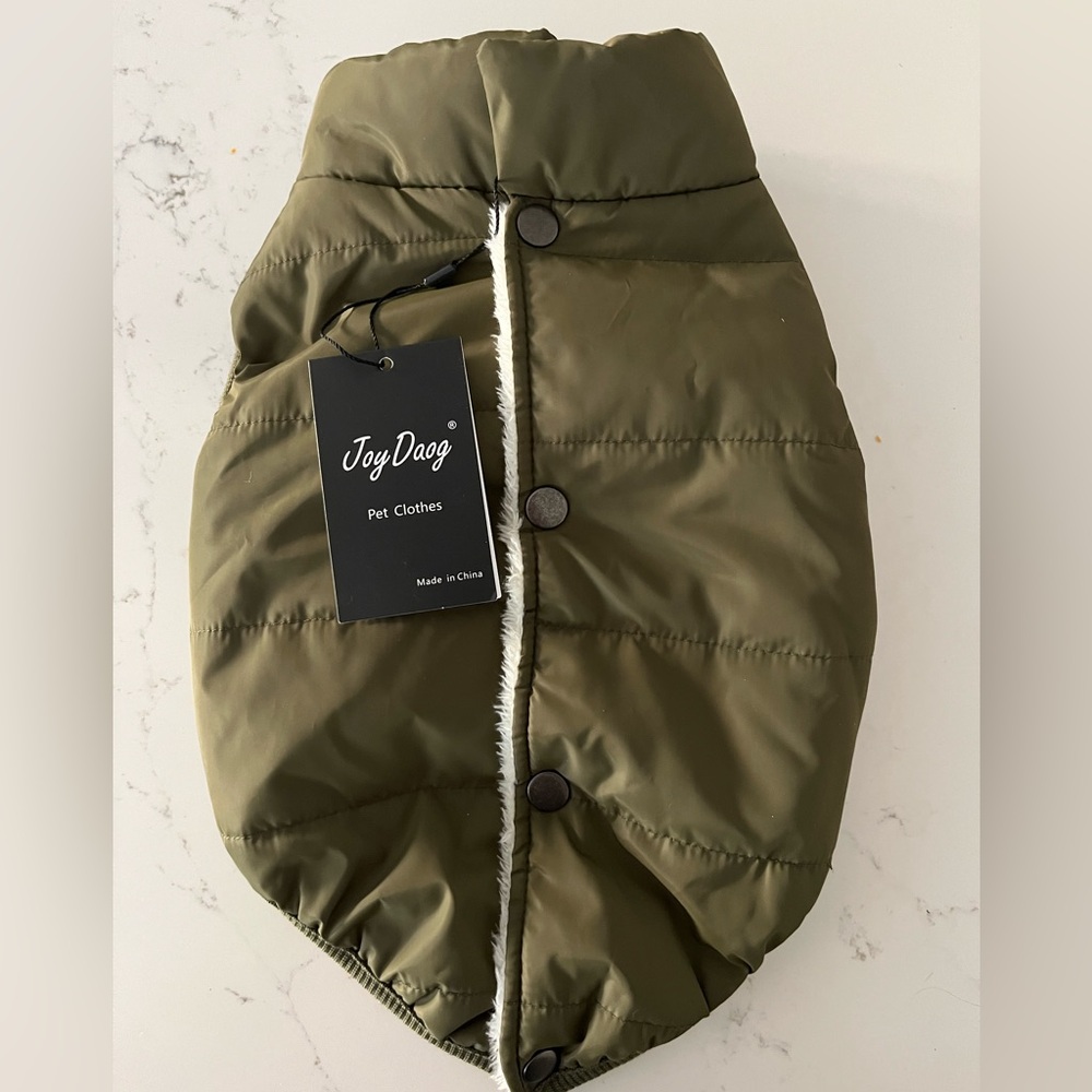 Dog Jacket Fleece Lined Puffer Vest Green Cold Weather Adjustable Harness Sz M